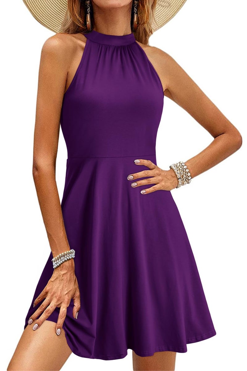 OUGES Women's 2026 Summer Fashion Purple Halter Neck Sleeveless Tie Back Swing A-Line Sundress Graduation Dress(Purple,M) - Image 1